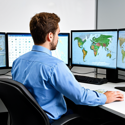 GIS Specialist in Action**

"A GIS specialist working at a computer in a modern office, analyzing geographic data on multiple monitors, fully clothed, appropriate attire, safe for work, perfect anatomy, natural proportions, professional, high quality, showcasing map visualizations and data analysis tools."

**