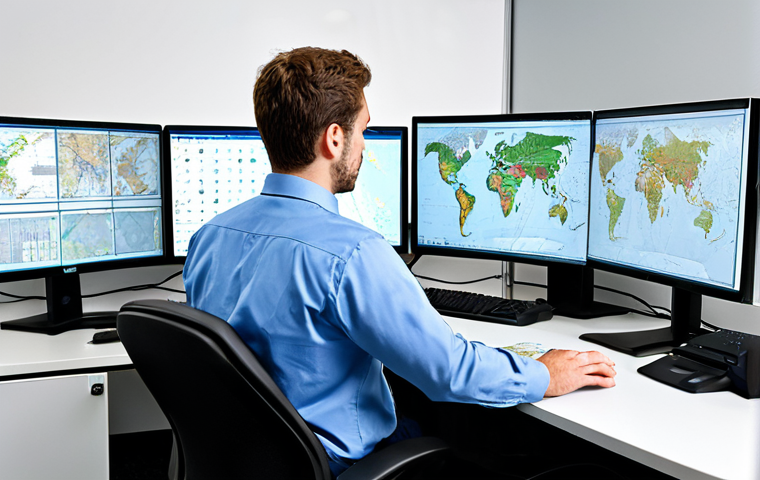 GIS Specialist in Action**
"A GIS specialist working at a computer in a modern office, analyzing geographic data on multiple monitors, fully clothed, appropriate attire, safe for work, perfect anatomy, natural proportions, professional, high quality, showcasing map visualizations and data analysis tools."
**