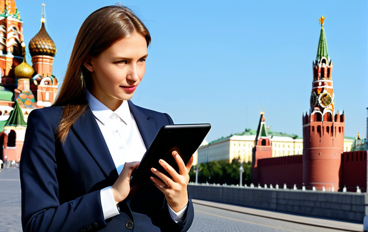 지리학적 응용 연구 - Modern Moscow Professional**
"A professional businesswoman in Moscow, standing near the Kremlin, we...