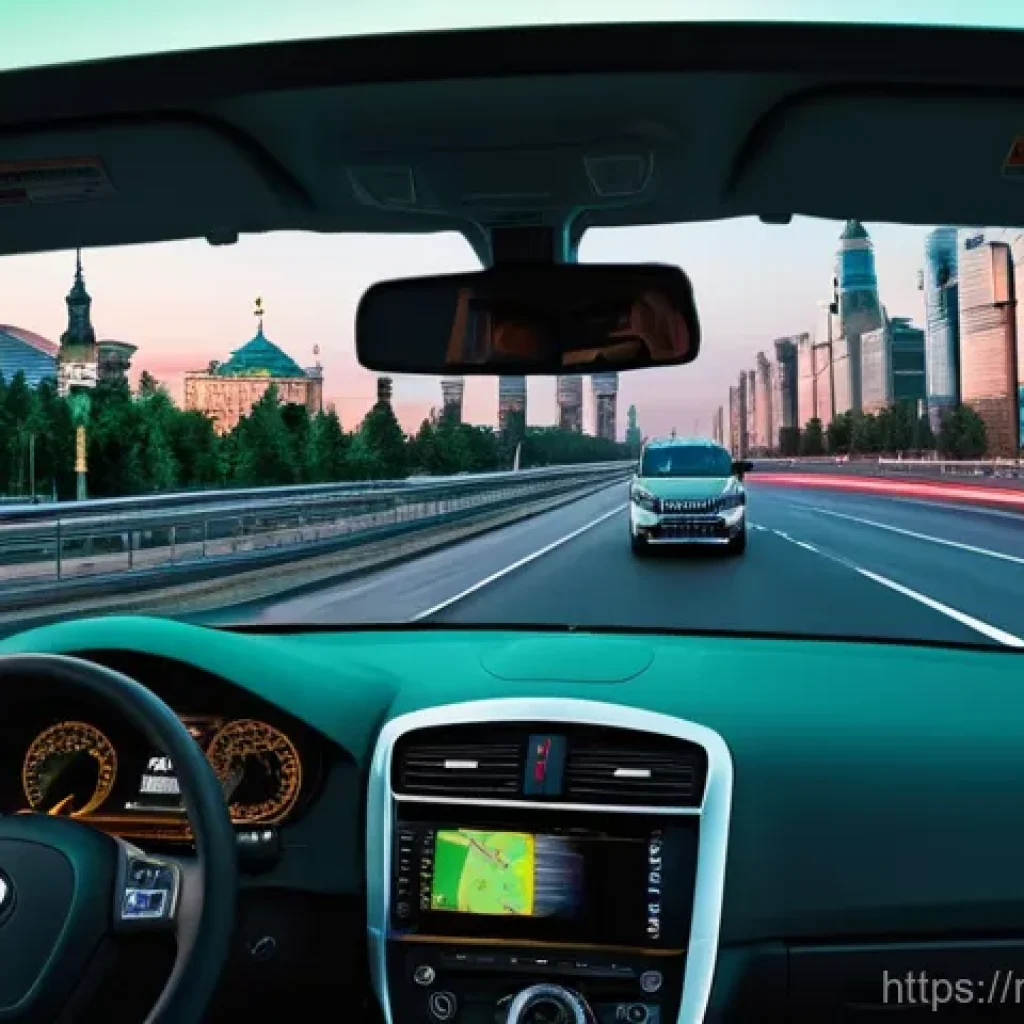 위성 사진 분석 - **Prompt:** A bustling, modern Russian city street at dusk, viewed through the front windshield of a...