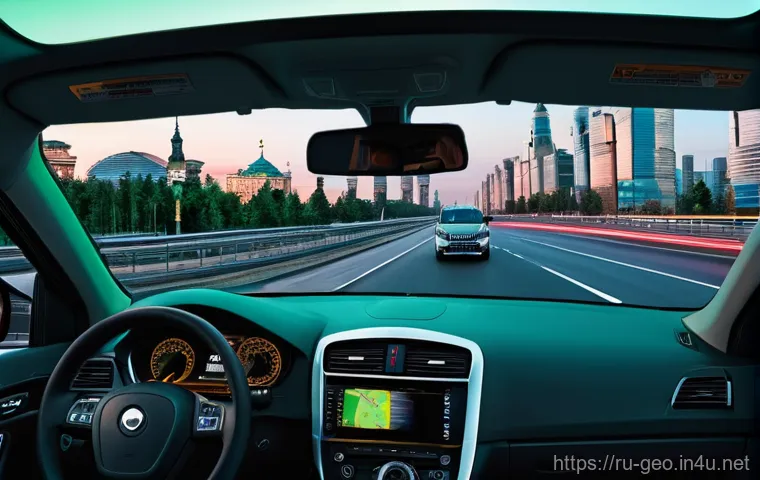위성 사진 분석 - **Prompt:** A bustling, modern Russian city street at dusk, viewed through the front windshield of a...