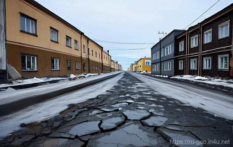 기후 변화와 지리학 - **Melting Permafrost in a Siberian Town**
    "A realistic, cinematic photograph of a street in a re...
