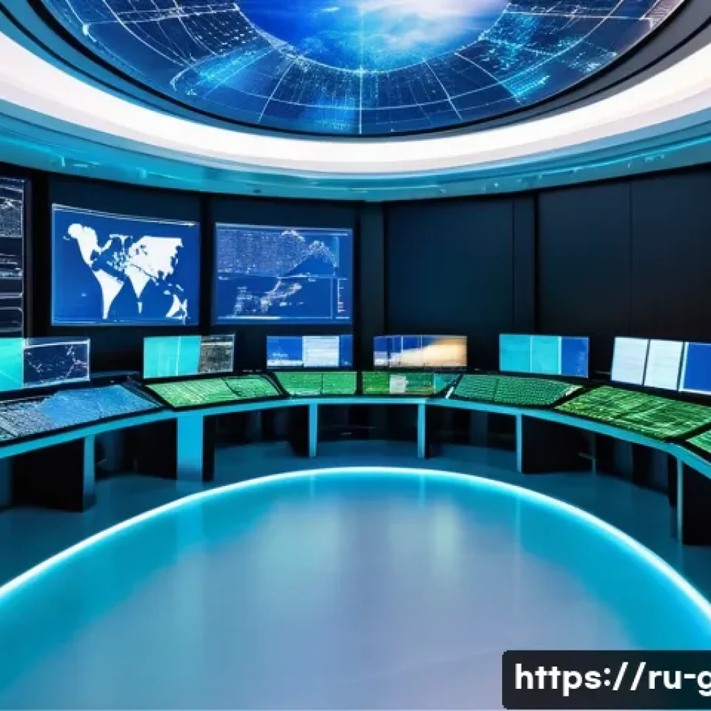 지리학 통계학 - **Prompt:** A breathtaking, high-angle view of a futuristic command center, dominated by a massive, ...