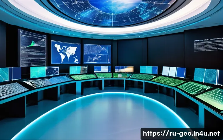 지리학 통계학 - **Prompt:** A breathtaking, high-angle view of a futuristic command center, dominated by a massive, ...