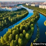 Home 22 지리학적 문제 해결 - A detailed aerial view of a modern Russian city adapting to climate change, showcasing innovative ur...