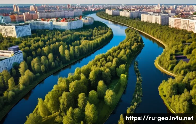 지리학적 문제 해결 - A detailed aerial view of a modern Russian city adapting to climate change, showcasing innovative ur...
