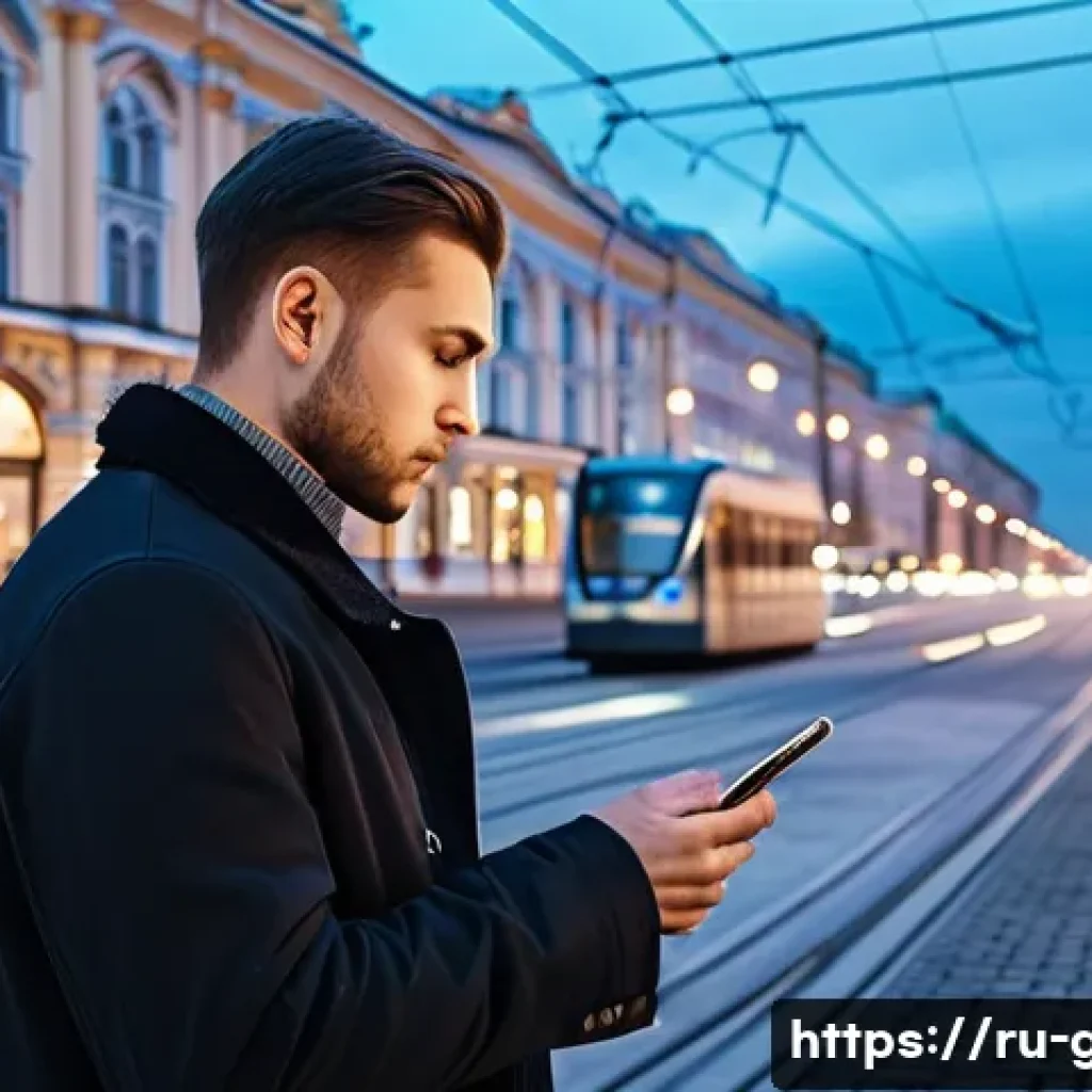 지리학 디지털 지도 - A modern Russian city street scene at dusk, featuring a young professional using a smartphone with a...