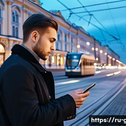 Home 33 지리학 디지털 지도 - A modern Russian city street scene at dusk, featuring a young professional using a smartphone with a...