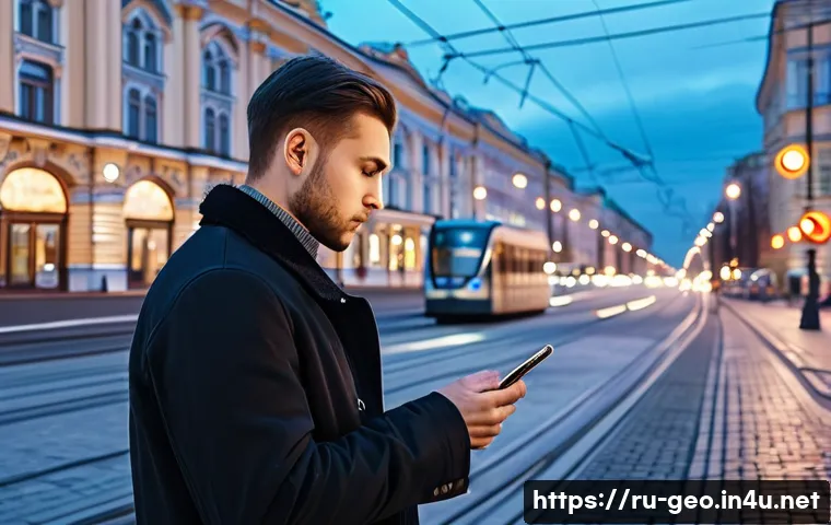 지리학 디지털 지도 - A modern Russian city street scene at dusk, featuring a young professional using a smartphone with a...