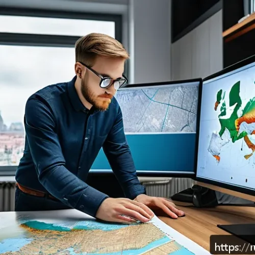 Home 32 GIS 지도 제작 - A detailed professional workspace scene showing a Russian GIS specialist working on a high-resolutio...