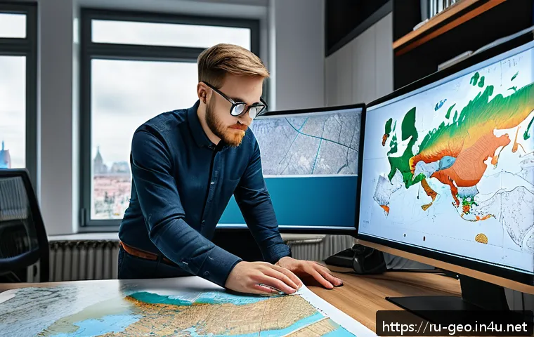 GIS 지도 제작 - A detailed professional workspace scene showing a Russian GIS specialist working on a high-resolutio...