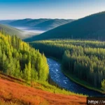 Home 18 환경 지리학 - A panoramic view of the Siberian taiga forest in Russia during early autumn, showcasing dense evergr...